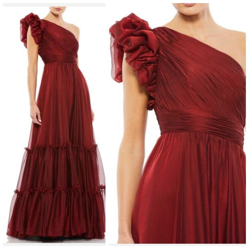 Mac Duggal 67878 Burgundy Wine One Shoulder Tiered Organza Gown Formal Dress 2